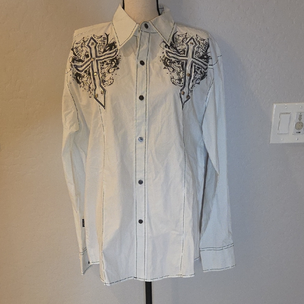 PAVI Men's White Shirt with Black Print/Embroidery/Studs Size Large NWT Western - Picture 3 of 11